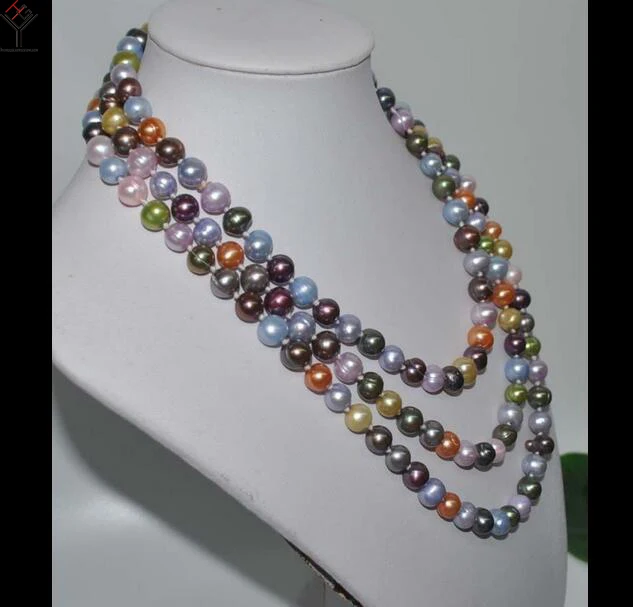 

wedding Women Jewelry 120CM / 47inch Necklace 8-9mm Multi-color mixed Pearl Baroque Round Natural Freshwater Pearl