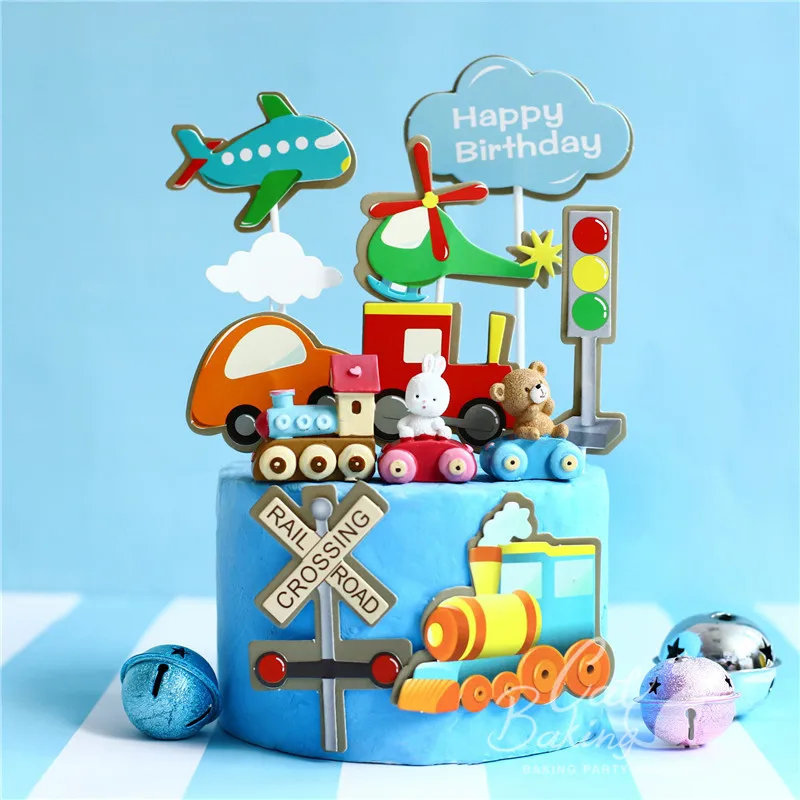 Ins Поезд Самолет трафик торт Топпер С Днем Рождения медведь поезд украшение для
