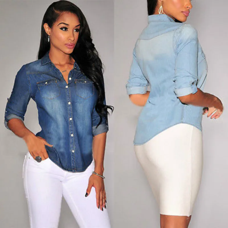 

Women Long Sleeve Denim Blouse Casual Office Button Down Shirt Tops