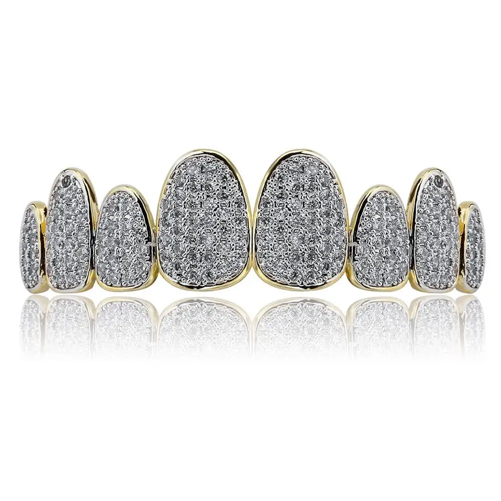 Gold Top JINAO серебряный цвет Iced Out Gold Grillz ювелирные изделия с кристаллами Верхняя Нижняя решетка 8 зубов ювелирные изделия для тела хип-хоп Bling AAA кубический циркон для мужчин - Окраска металла: Gold Top