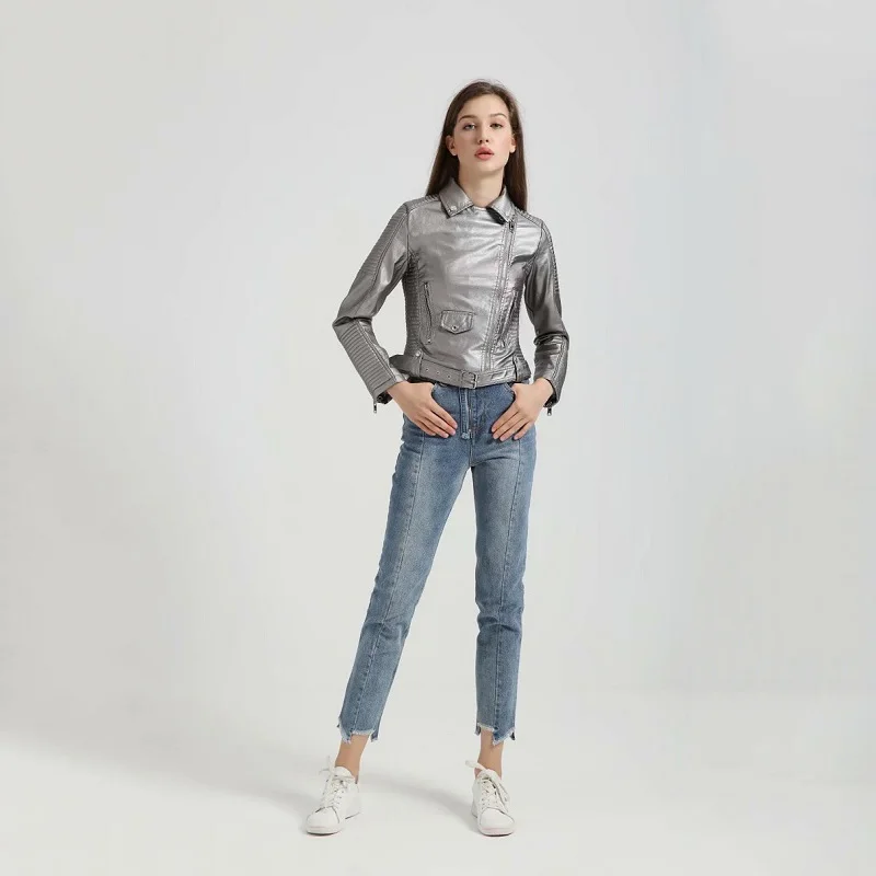 Женская байкерская куртка из искусственной кожи серебристо розовый красный