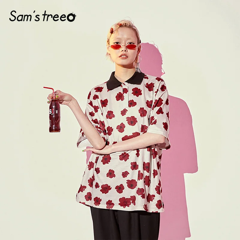 Samstree/женские рубашки с цветочным принтом в винтажном стиле; сезон лето года; уличная одежда с коротким рукавом; повседневные негабаритные женские блузки