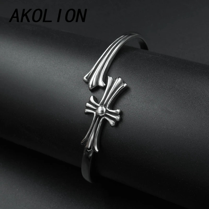 AKOLION cross bangles &amp bracelets for women and men jewelry pulseiras para as mulheres pulsera feminina masculina mujer silver |
