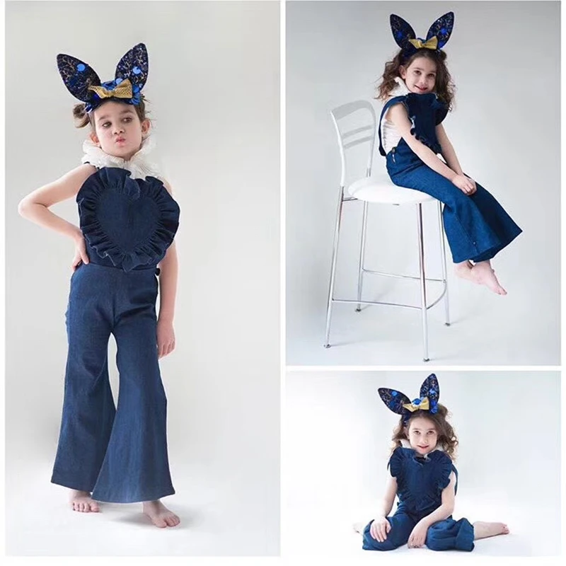 Kids Girls Denim Bell-bottom Overalls Trousers 2018 Children Toddlers Flares Flowers Pants Jean Overlls | Мать и ребенок
