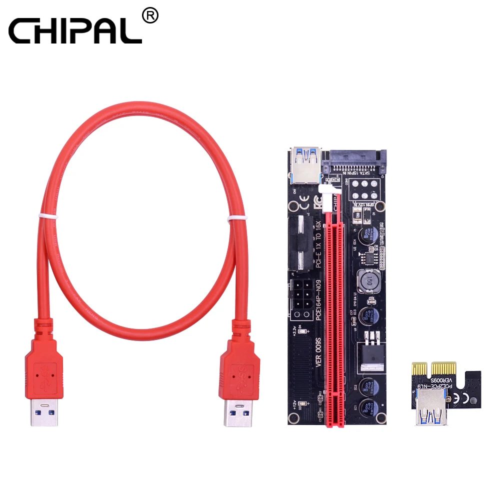CHIPAL Dual LED 009S PCIE PCI E Riser Card 009 Express 1X до 16X 4Pin 6Pin SATA Power 0 6 M USB 3 кабель для майнинга