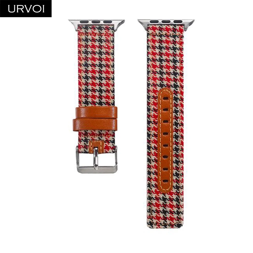 URVOI полотно холста для Apple Watch series 5 4 3 2 1 наручный джинсовый ремешок для iwatch рисунок гусиная лапка классический дизайн кожаный чехол - Цвет ремешка: Style 4