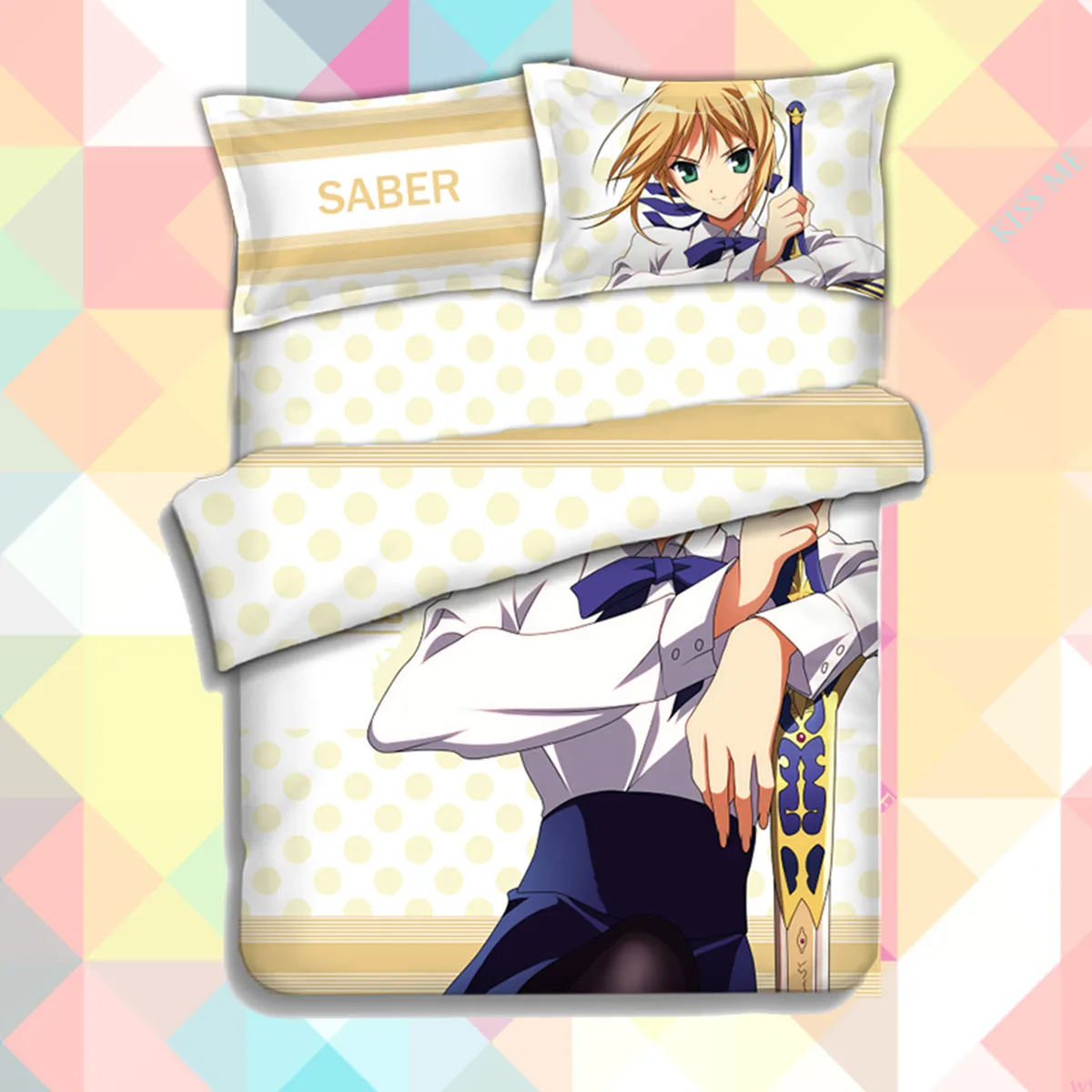 

Anime Cartoon fate stay night saber Quilt Cover Soft Printed Bedding Set With Pillow Cases Bed Sheet Duvet Cover Set No.CP151226