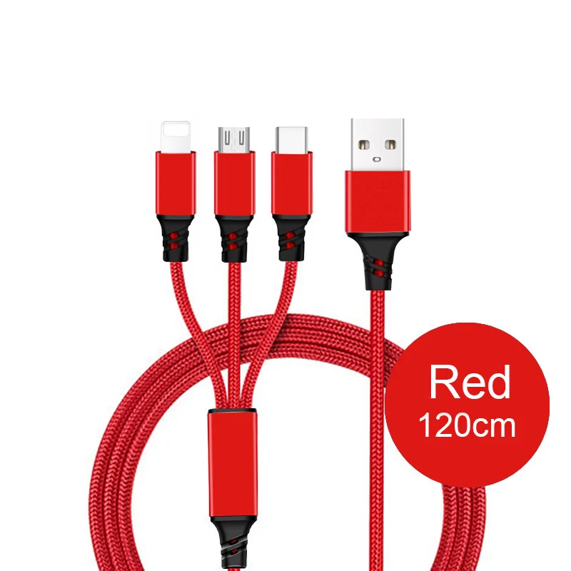 2/3 в 1 кабель зарядного устройства для iPhone 6 S 6 S 5 SE 7 8 Plus X XR XS Max Micro usb type C Android для huawei Xiaomi 3в1 3A провод шнур - Цвет: Red 3in1 1.2M