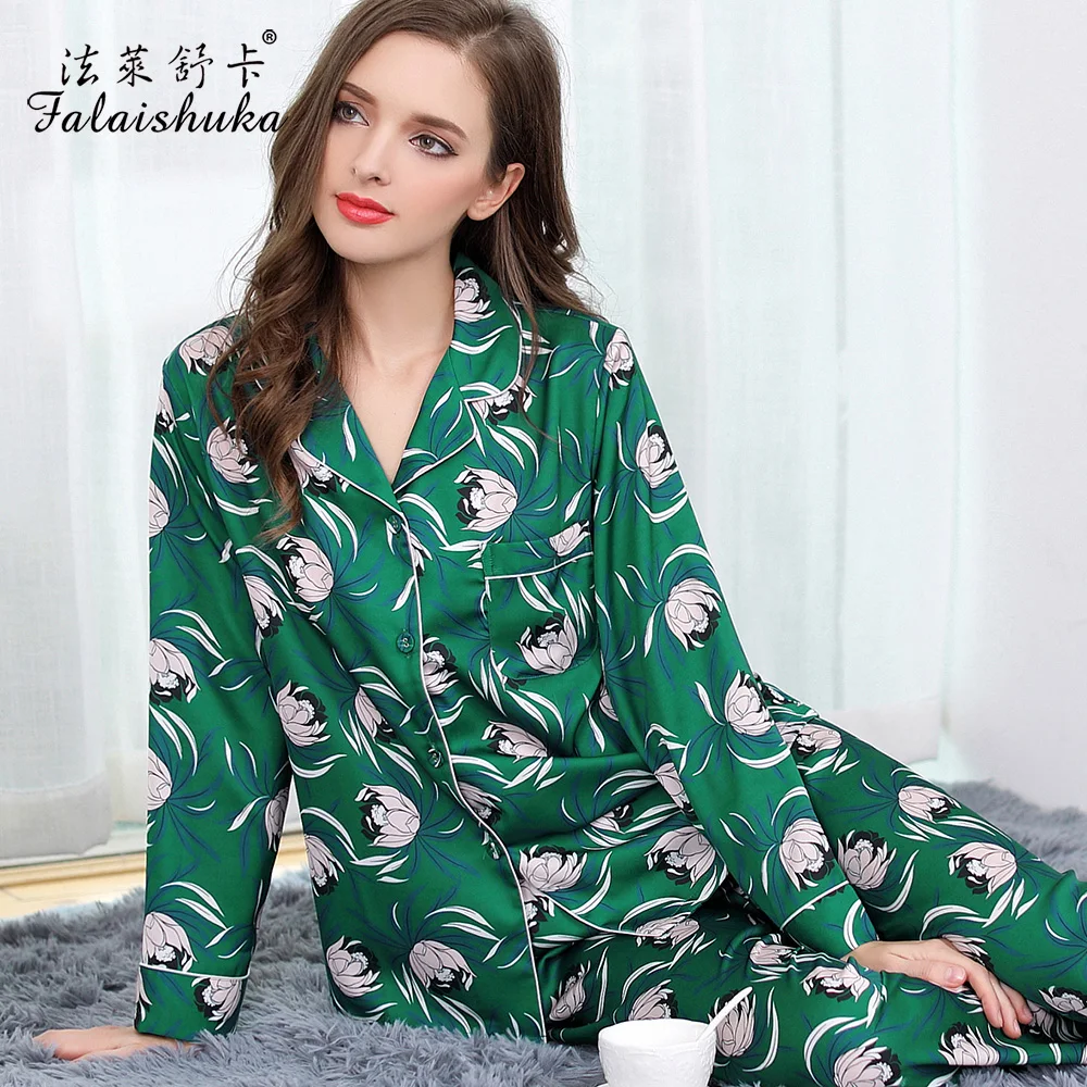 women silk pajama sets 2019 new brand fashion summer full length green flower printed silk fashion pajamas female sleepwears