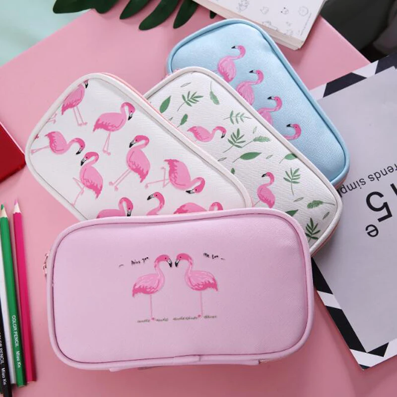 Flamingo PU Zipper Multi-Function Stationery Box Student Large-Capacity Pencil Bag Children'S Storage School Supplies | Канцтовары