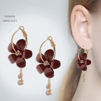 sweet korean women camellia flower long tassel rhinestone party leaverback earrings gift