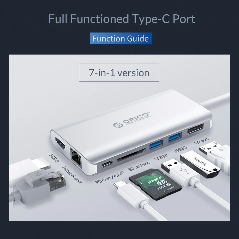 ORICO 7 в 1 USB 3 Type C Hub к HDMI RJ45 SD Card Reader 0 HUB для MacBook Huawei Mate 10 P20 Samsung|USB-хабы| |