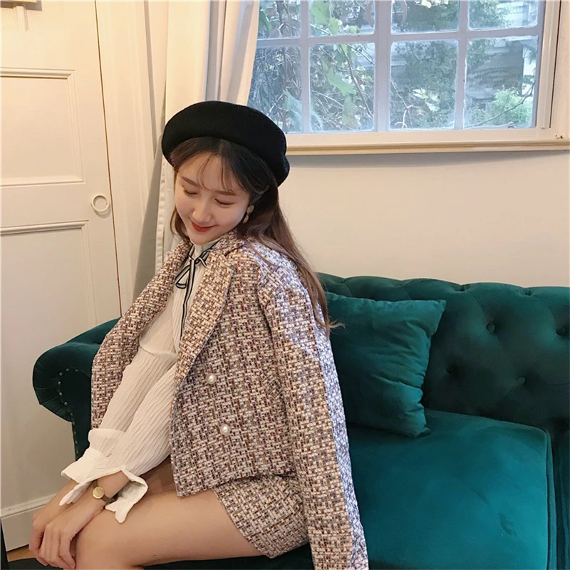 HziriP Винтаж Для женщин из двух частей комплект осень Двойные Жемчуг однобортный