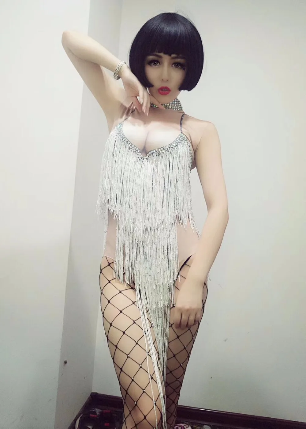 Women Sexy Nightclub Leading Dancer Costume Sexy Nude Crystals Long Tassels Bodysuit Bar Party Pole Dancing Performance Costumes