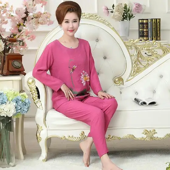 XL-4XL Plus size winter pajamas long sleeve o-neck ladies cotton linen nightwear casual print pijama suit pyjamas women 8 colors | Женская