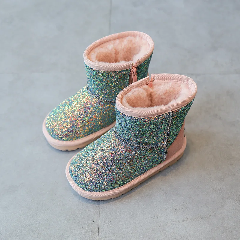 Новинка 2017 года зимние детские ботинки Детские кожаные с блестками для девочек