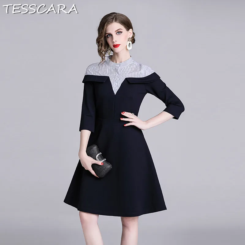TESSCARA Для женщин Весенняя элегантная деловая модельная одежда рубашка Festa женские Высокое качество Винтаж дизайнер Vestidos Повседневное Платье трапециевидного силуэта Femme