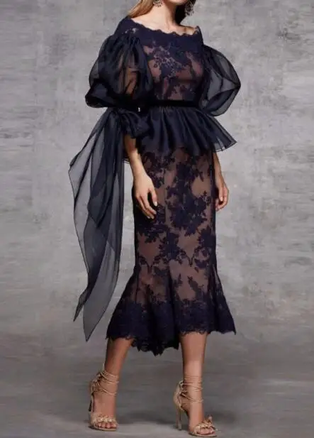 Navy blue Кружевное вечернее платье русалки с глубоким вырезом и баской, с рюшами, половина рукава, длина до середины икры, вечерние платья для выпускного вечера, темно-синие женские платья - Color: Navy blue