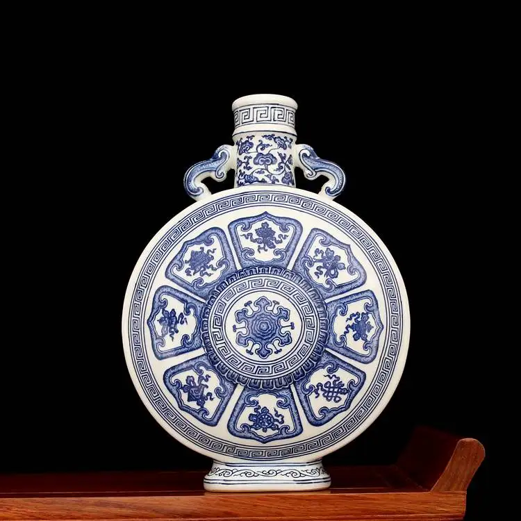 vase x 1 Qing Qianlong ручной работы синие и белые цветы в форме Луны ваза античный фарфор антиквариат старинные товары ручная роспись коллекция - Цвет: vase x 1
