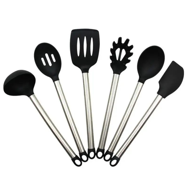 

6Pcs Latest Stainless Steel Black Silicone Spade Scraper Spoon Kitchen Cooking Tools Coated Nylon