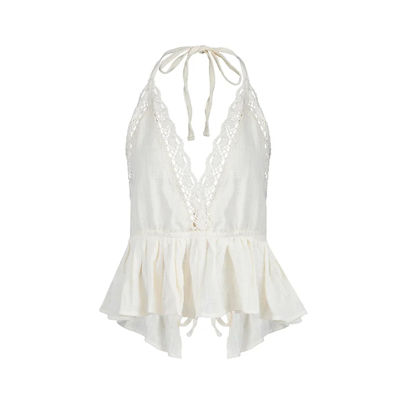 Женская уличная майка с оборками вязанная крючком кружевная рубашка v-образным