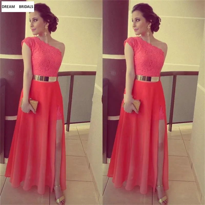 

One Shoulder Watermelon Red Lace Mother of the Bride Dresses With Gold Belt For Weddings Ankle-Length Vestido De Madrinha 2022