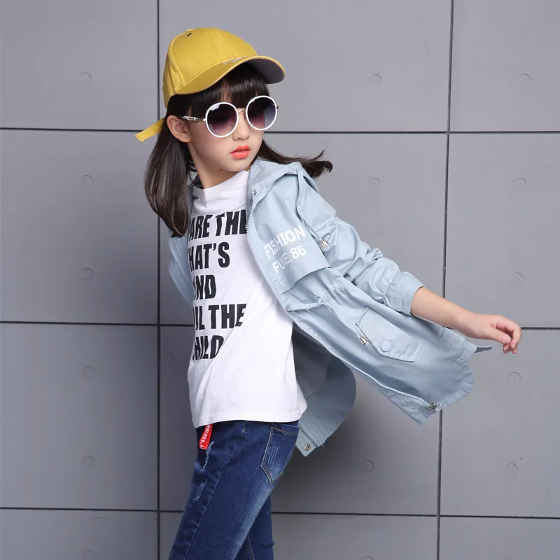 Teenager Spring Autumn Girls Trench Coat Fashion Hooded Jacket Long Cardigan Kids School Clothing Casual Outwear 3-14 Age | Детская
