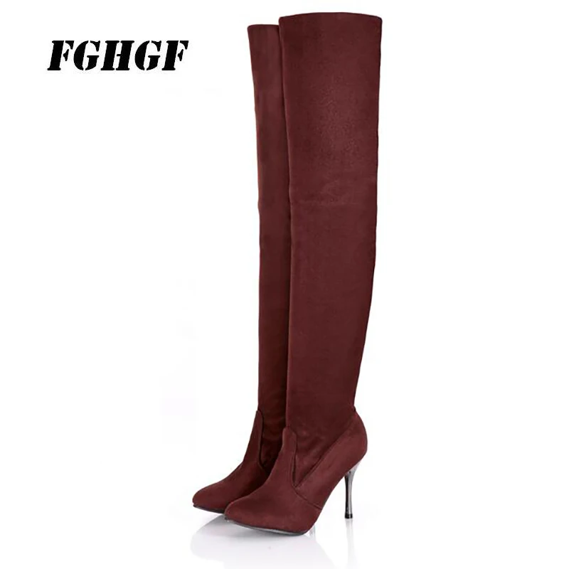 Зимние Сапоги выше колена женские сапоги из натуральной кожи с острым носком