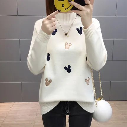 Beige Модный вязаный свитер женский пуловер Осень Зима Топы Корейский мультфильм милый свитер женский длинный рукав Свободные Джемперы дамы - Цвет: Beige