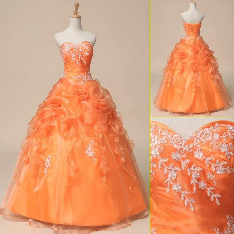 Изысканное оранжевое бальное платье на шнуровке с сердечком спине платья для