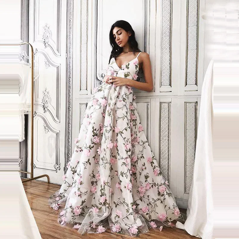 Свадебное платье Бохо с цветами 2020 A Line Спагетти ремень пляжное Цветочные