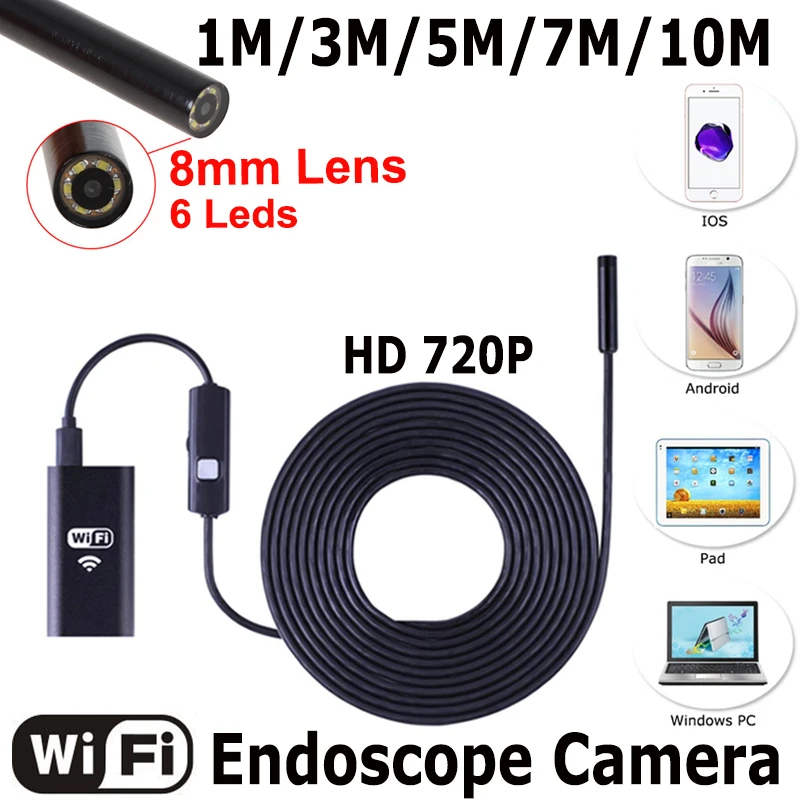 USB эндоскопа с WI FI Box HD 720 P Инспекции Змея камеры 6LED 8 мм объектив 2MP 1/3/ 5/7/10 м для Android