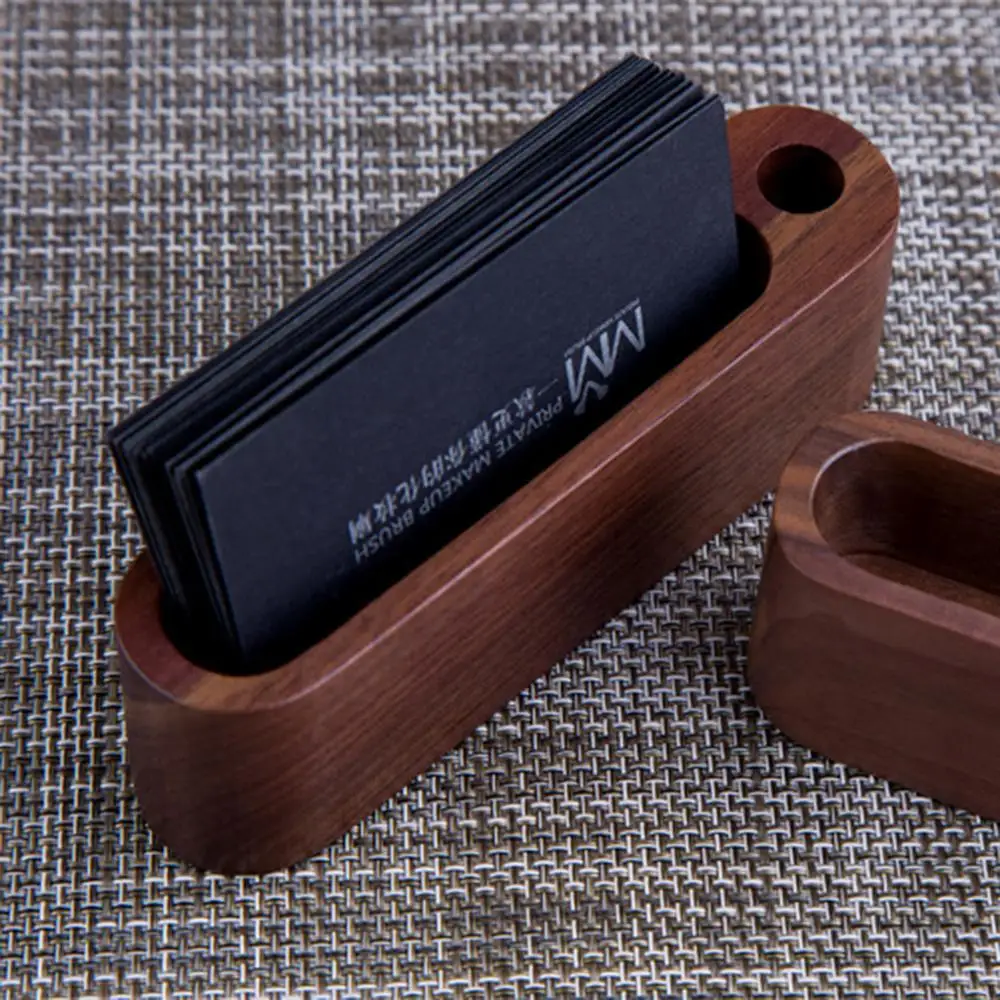 

Black Walnut Beech Wood ID Name Cards Stand Office Desk Wooden Business Card Holder Organizer Pen Storage Box