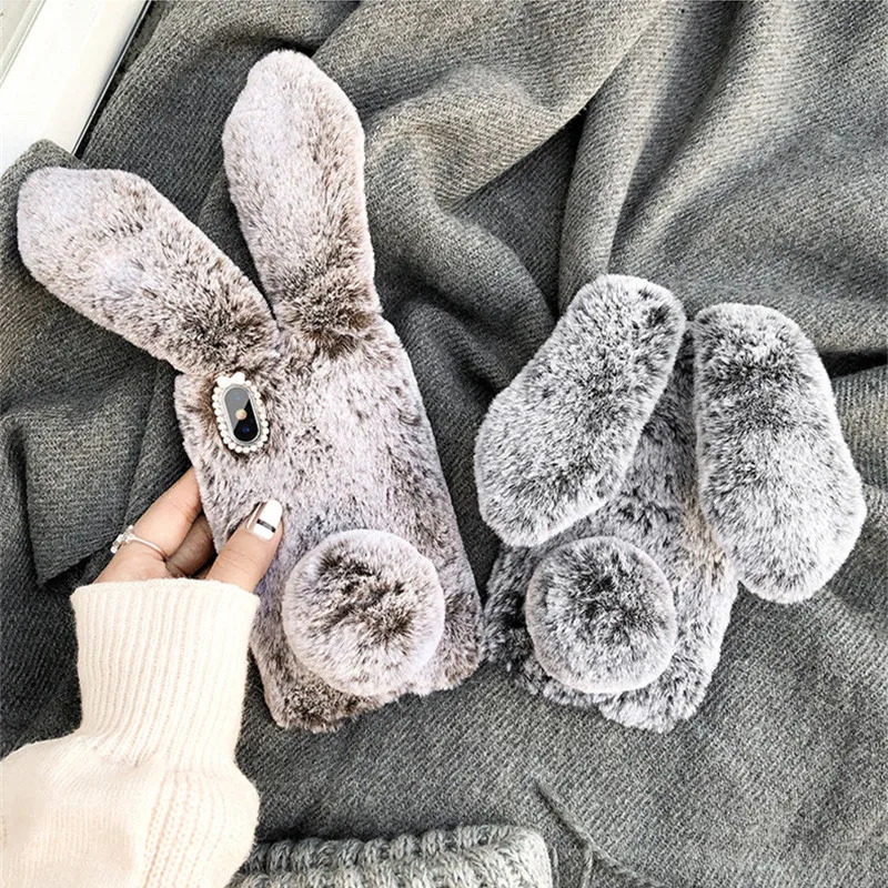 For Huawei P20 Mate 20 10 9 Pro P Smart Plus P9 P10 Honor Lite Nova 3 Y6 Y5 2017 2018 Cute Fluffy Rabbit Hair Fur Case | Мобильные