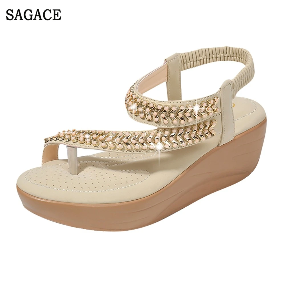 SAGACE/богемные женские босоножки на танкетке со стразами Пляжные вьетнамки