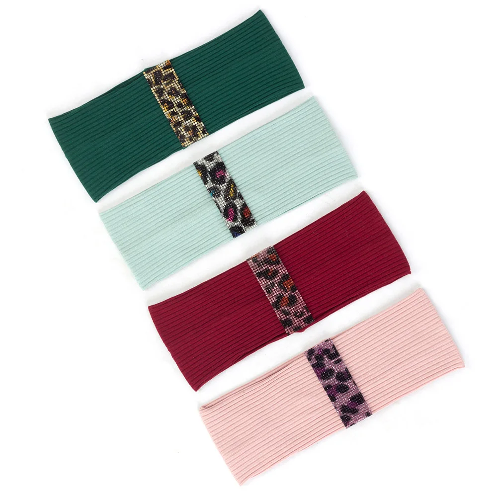 

Women Ribbed Leopard Headband Rhinestones Hair Accessories For Girls Female Elastic Flat Hairband Cotton Striped Turban AT021
