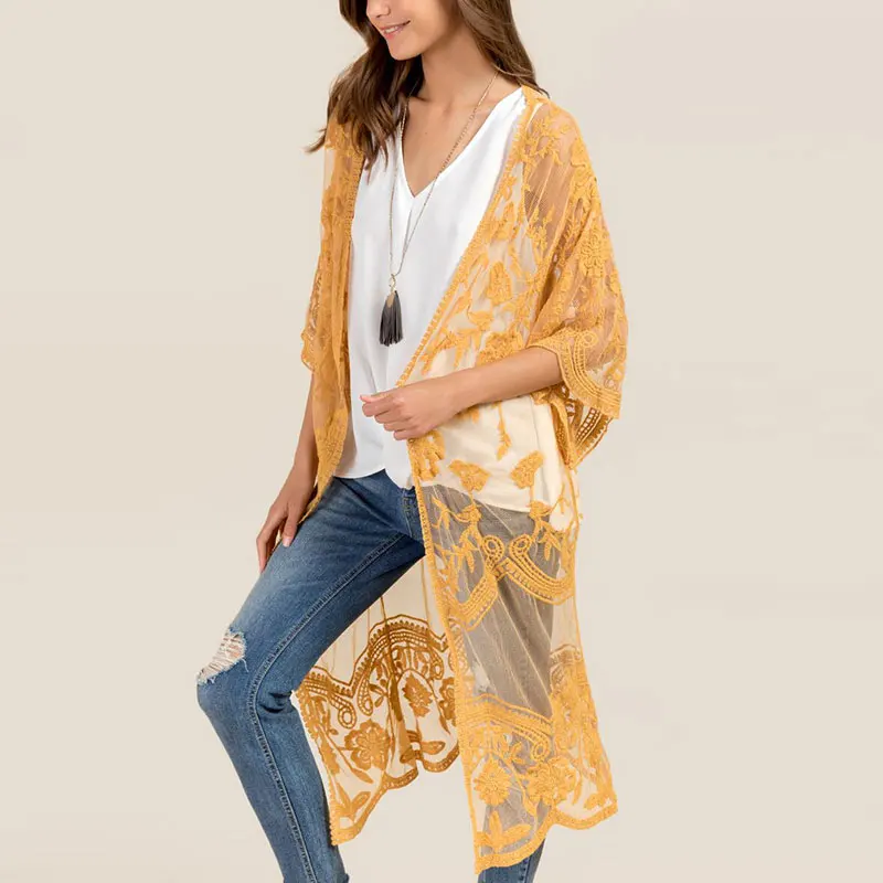 Женское желтое кимоно BOHOFREE открытый халат с вышивкой кардиган защитой от солнца