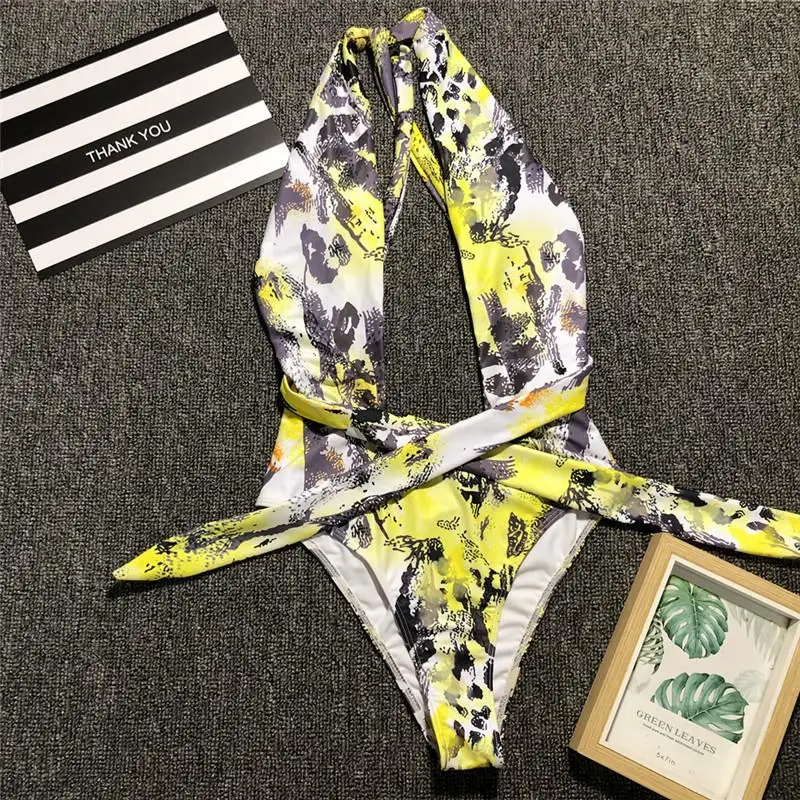 Bikinx принт желтый купальник женский глубокий v-образный вырез женский купальник Комбинезоны с высоким вырезом Холтер Бикини mujer Монокини - Цвет: Многоцветный