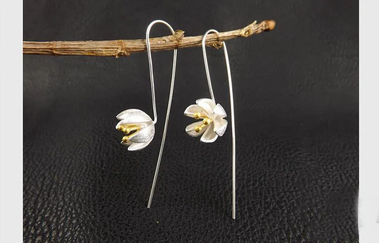 Стиль, высокое качество, 925 пробы, Серебряные длинные висячие серьги в виде цветка для женщин и девушек, модные серьги ручной работы