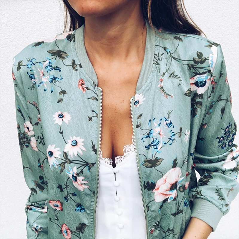 

Women Short Jacket Retro Floral Printed Long Sleeve Zipper Bomber Jackets Autumn Coat Female Biker Outerwear Tops