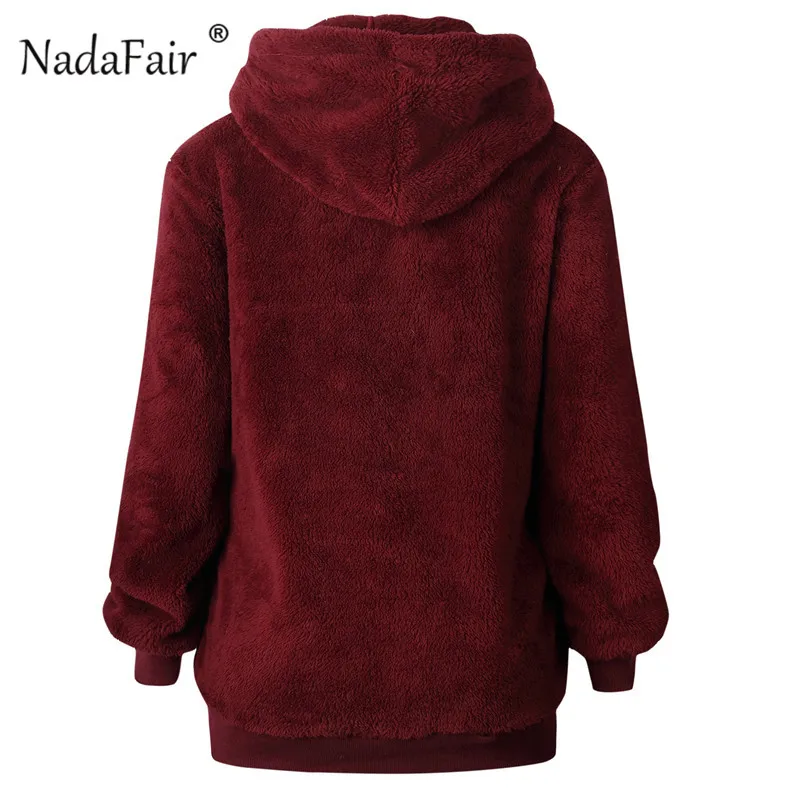Nadafair, искусственный Пушистый Плюшевый худи с капюшоном, Женская Осенняя Толстовка с длинным рукавом на молнии, мохнатый шнурок, зимние свитшоты для женщин