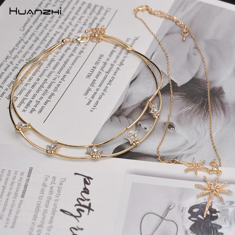 HUANZHI 2019 Шикарный Блестящий Звездный многослойный Стразы чокер короткая цепь