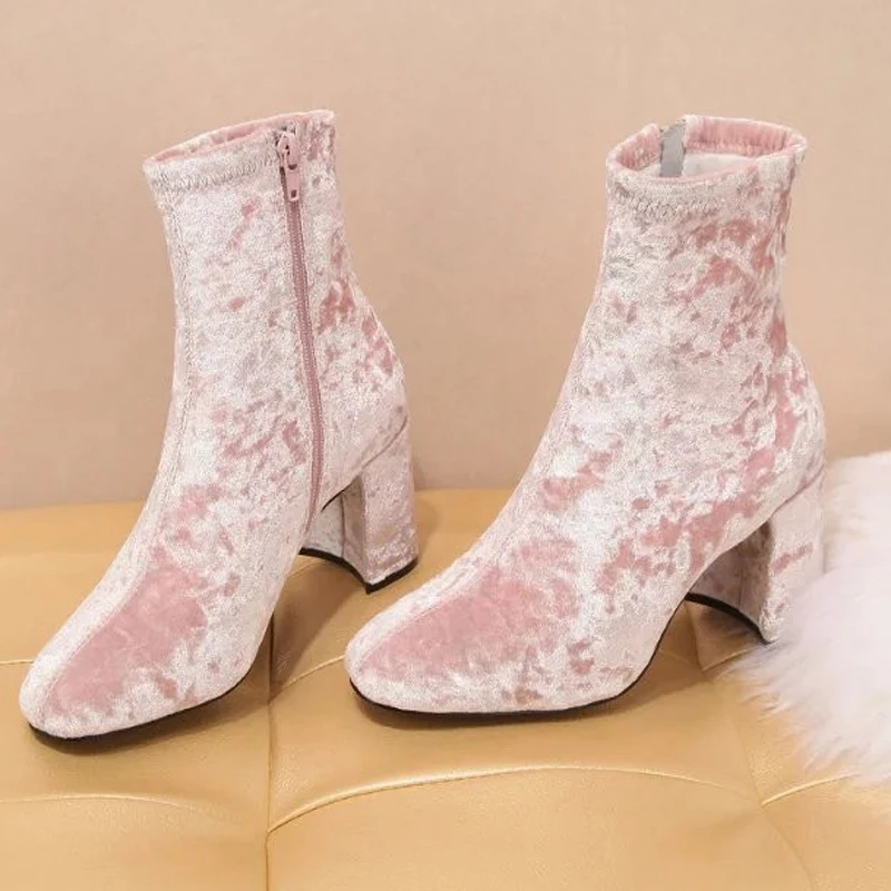 

2017 Soft Solid Stretch Velvet Martin Ankle Boots Women Square Toe Chunky Heels Zipper Winter Short Bottines Shoes for Ladies