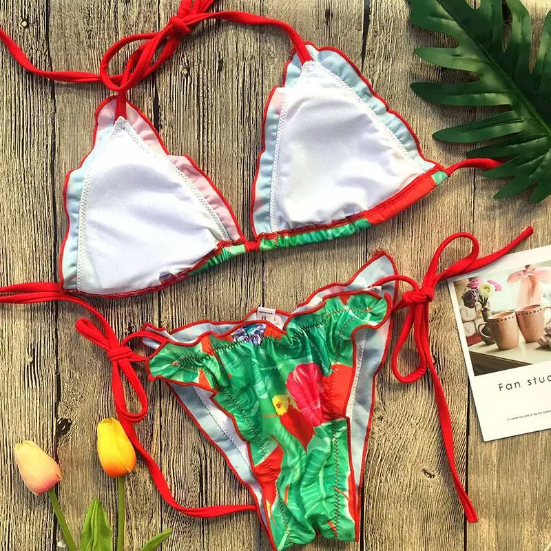 Зеленый красный пэчворк комплект бикини Для женщин Холтер повязку купальник