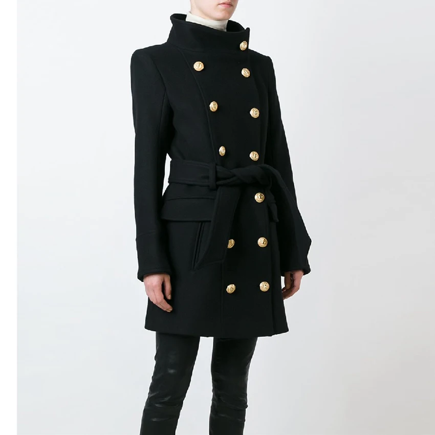 

EXCELLENT QUALITY Newest Runway 2021 Baroque Designer Wool Coat for Women Lion Buttons Turtleneck Belt Cashmere Long Coat