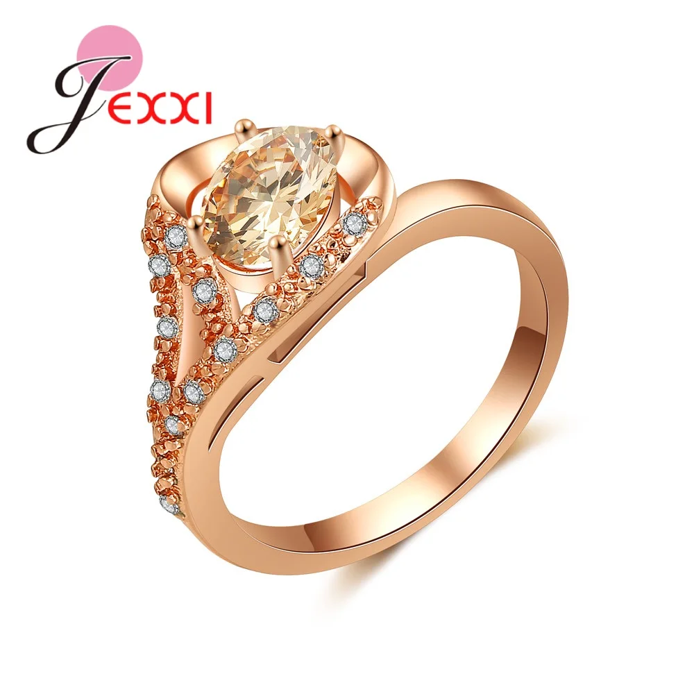 

Brand Concise Oval Dazzling Champagne CZ Crystal Paved Rose Gold Color Luxury Wedding Ring For Women Bridal Fast Shipping
