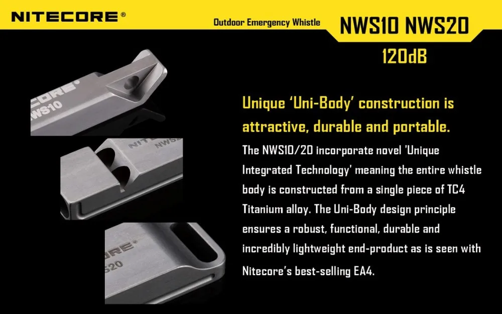 TOPSALE NITECORE 120 дБ Открытый аварийный спасательный свисток NWS10 титановый сплав наружный портативный аксессуары для освещения