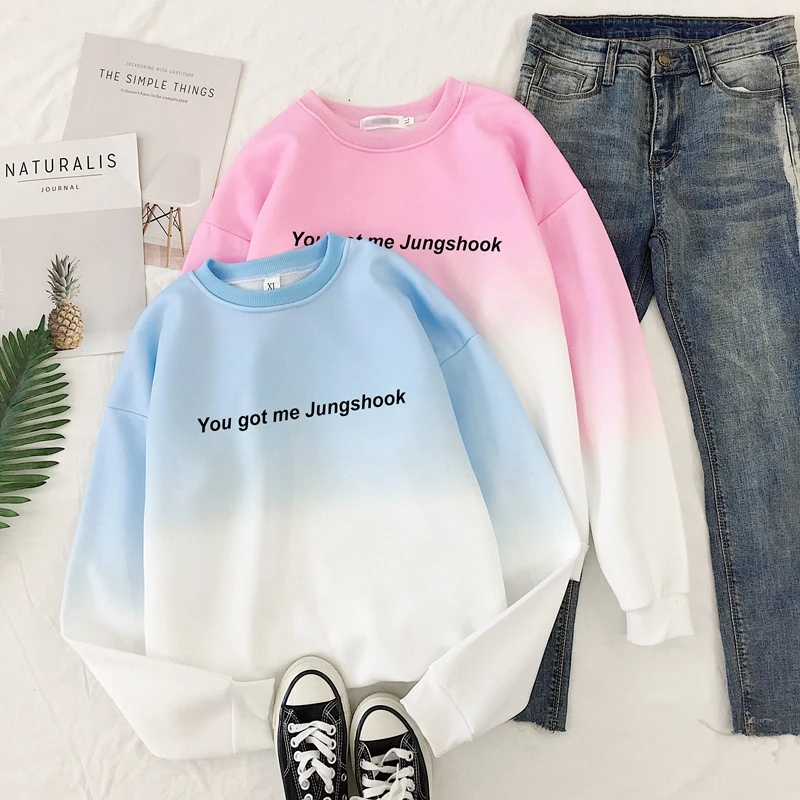 Женские толстовки, новые корейские Kpop Harajuku градиентные синие розовые свитшоты You Got Me jungshake, печатные буквы Sudadera Moletom, топы