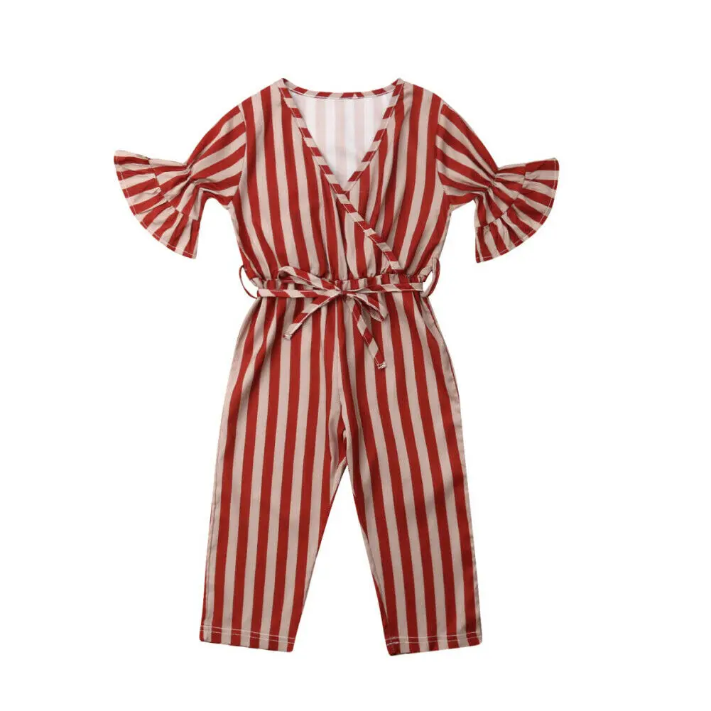 Хлопковый комбинезон в полоску для маленьких девочек летние штаны с поясом на
