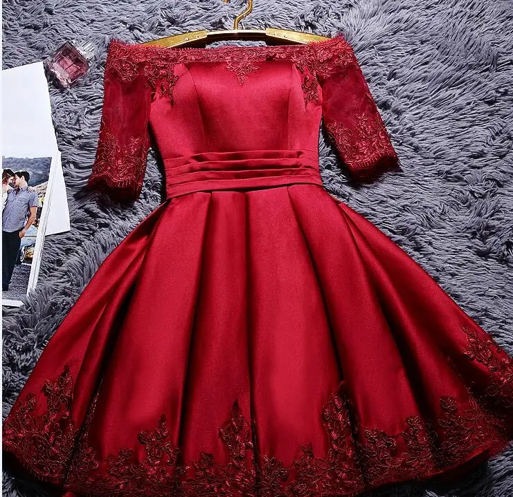 wine red DongCMY/, короткие платья цвета шампанского для выпускного вечера, элегантные вечерние платья, атласное платье с коротким рукавом - Цвет: wine red